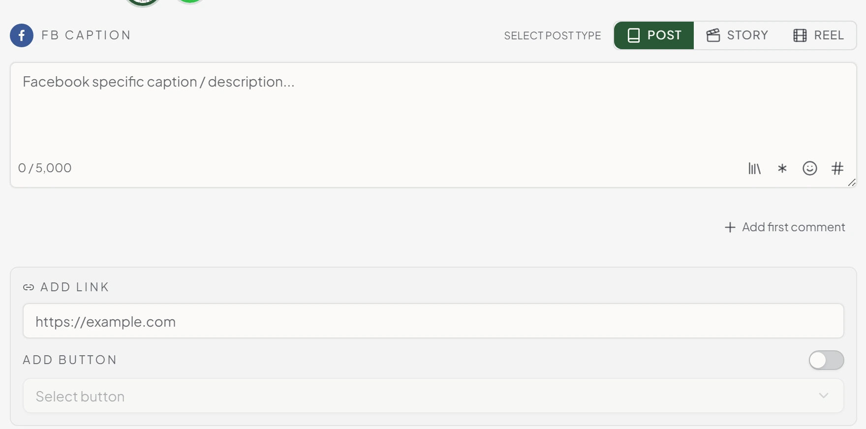 Maeve Facebook customization with Post, Story, and Reel type buttons, a Facebook-specific caption, a first comment, a link field, and an add-button call-to-action