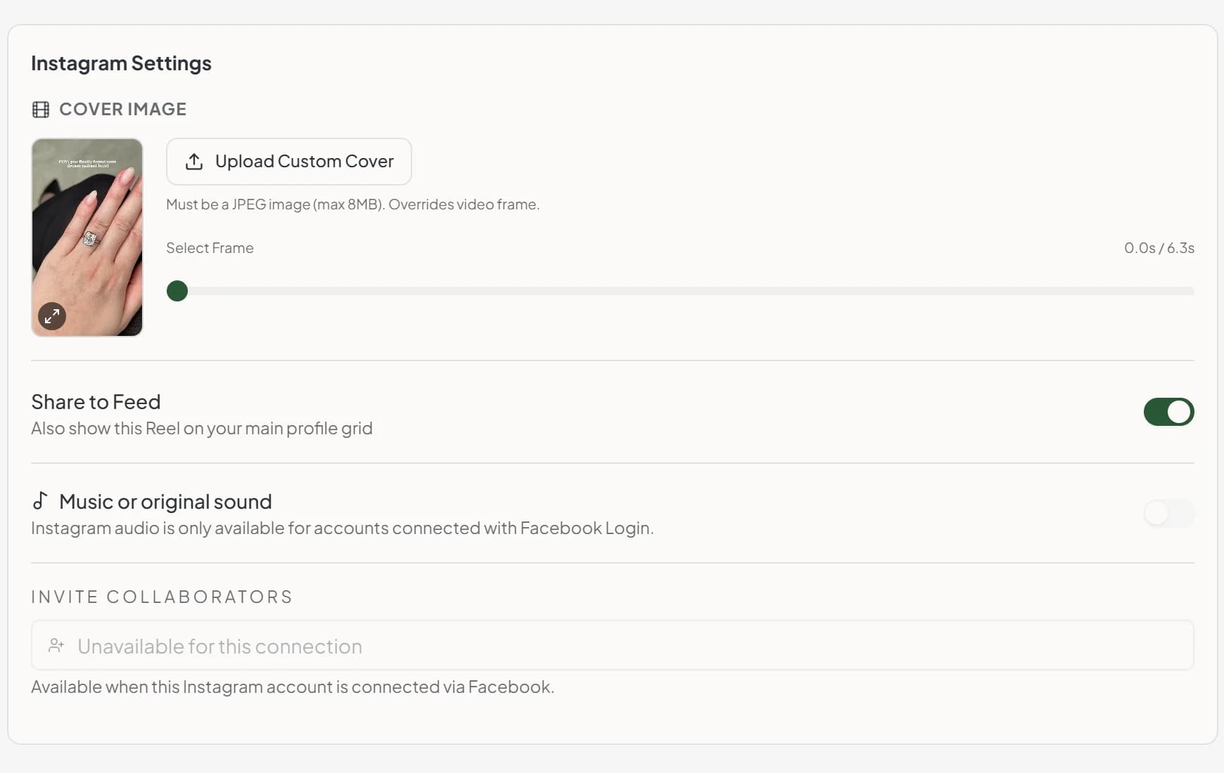 Maeve Instagram settings panel for a Reel with a cover image thumbnail, an upload custom cover button, a select-frame slider, a share-to-feed toggle, a music or original sound option, and an invite collaborators field labeled as available on Facebook-connected accounts