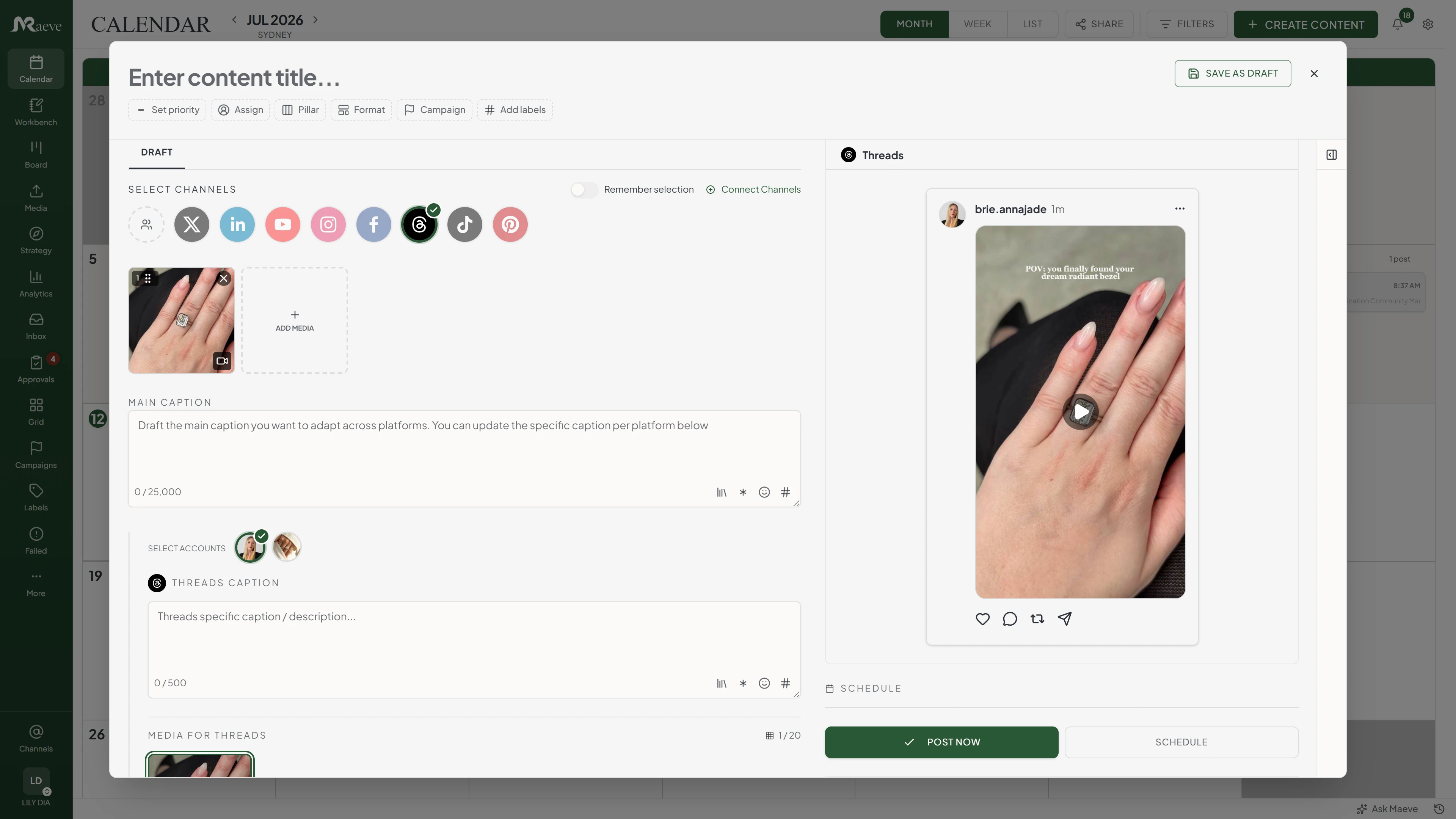 Maeve composer with Threads selected, showing the channel picker, main caption, Threads-specific caption with its character count, and a live Threads preview of the post