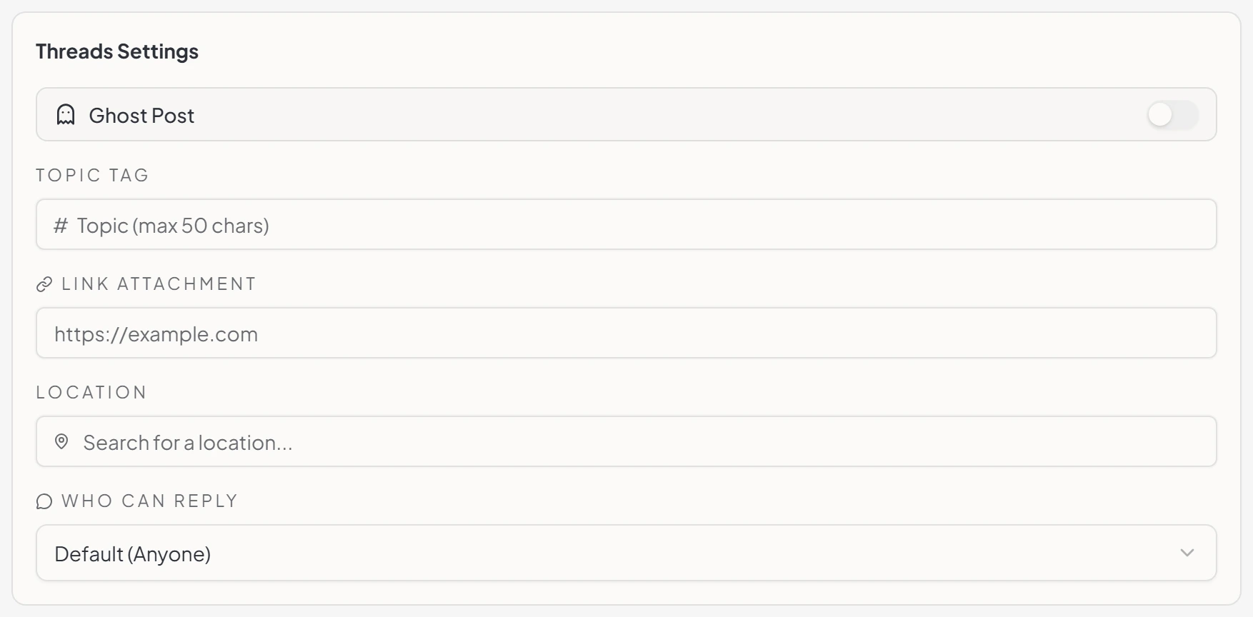 Maeve Threads settings panel with a ghost-post toggle, a topic tag field, a link attachment field, a location search, and a who-can-reply dropdown