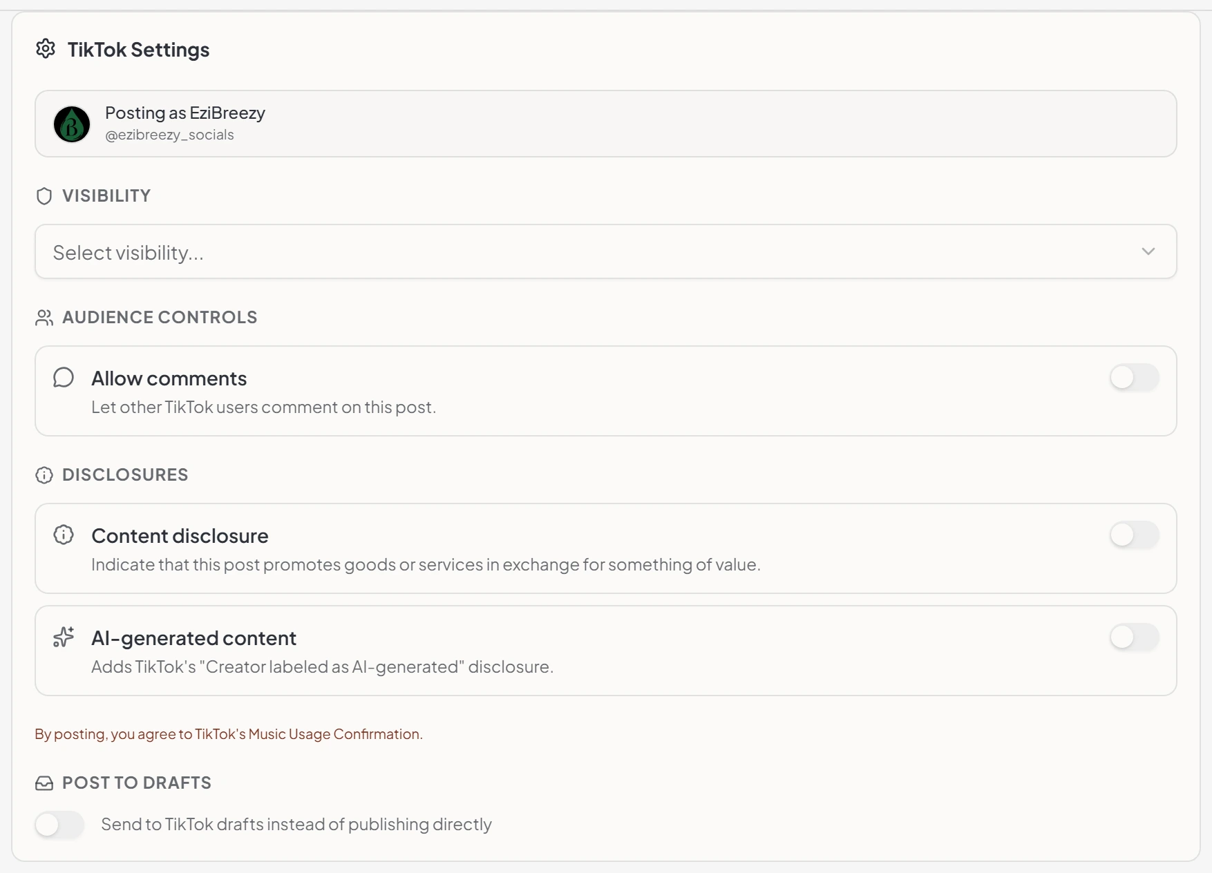Maeve TikTok settings panel with the account it posts as, a visibility dropdown, an allow-comments toggle, content disclosure and AI-generated content switches, and a send to TikTok drafts toggle