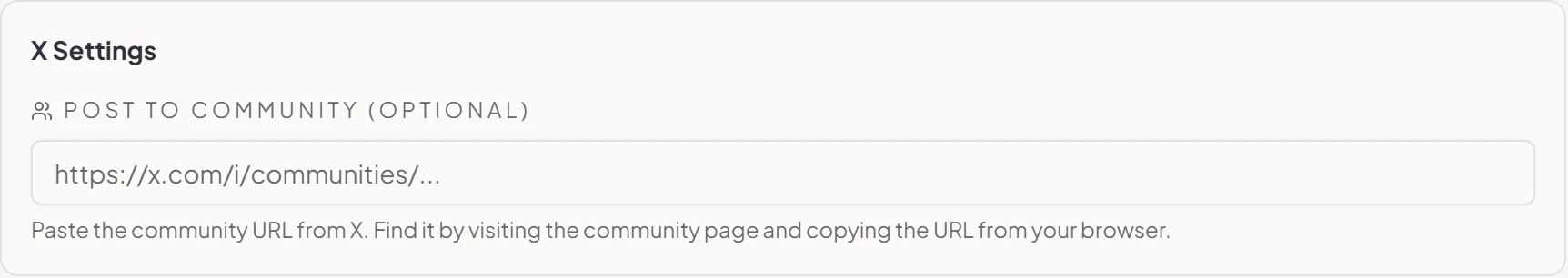 Maeve X settings panel with a community URL field for posting into an X Community
