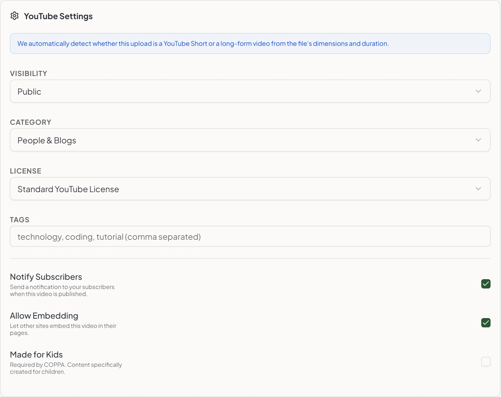 Maeve YouTube settings panel with automatic Short detection note, visibility and category and license dropdowns, a tags field, and toggles for notify subscribers, allow embedding, and Made for Kids
