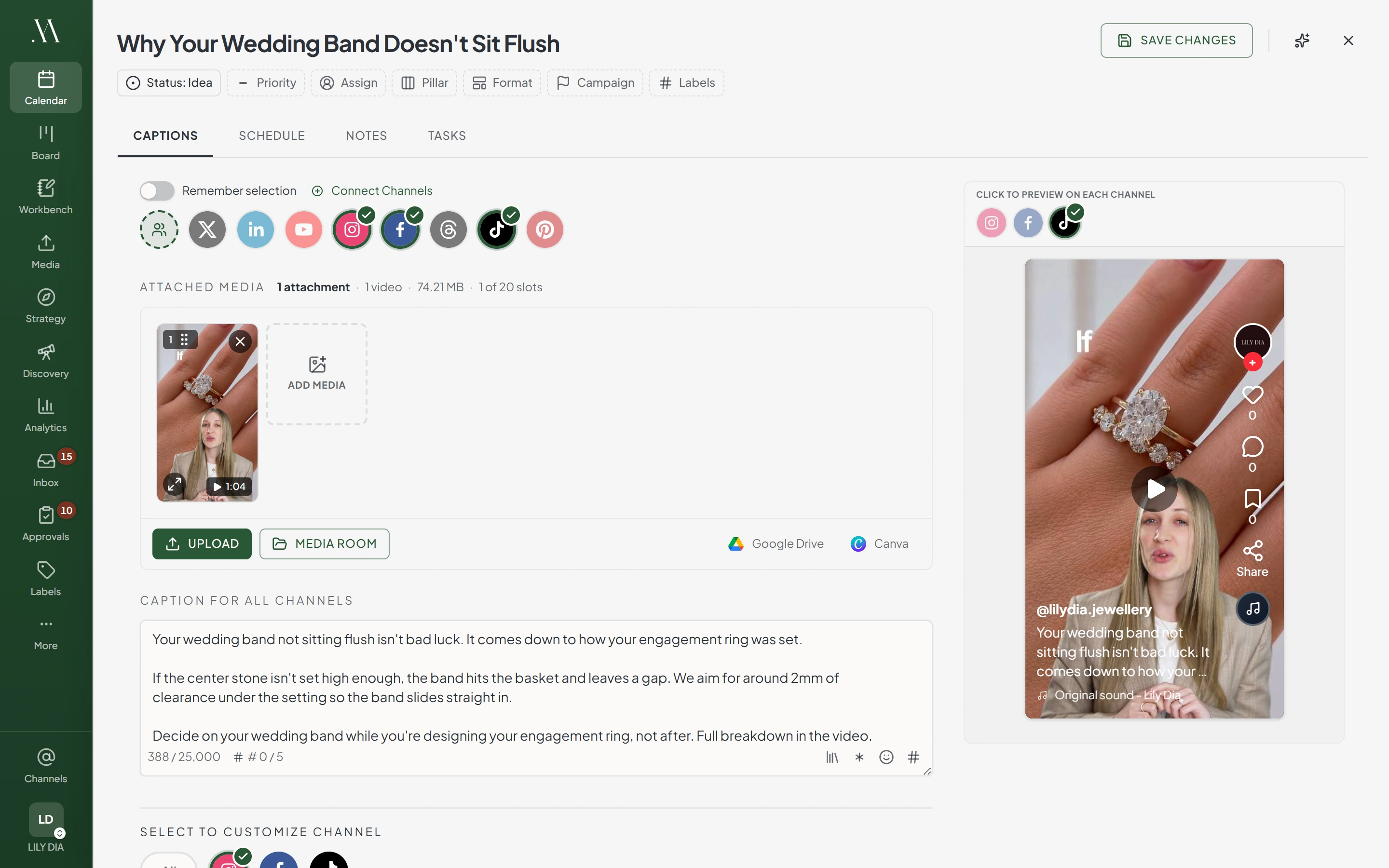 Maeve content editor with a wedding band post drafted: Instagram, Facebook, and TikTok selected, a try-on video attached, one caption for all channels, and a live TikTok preview beside it