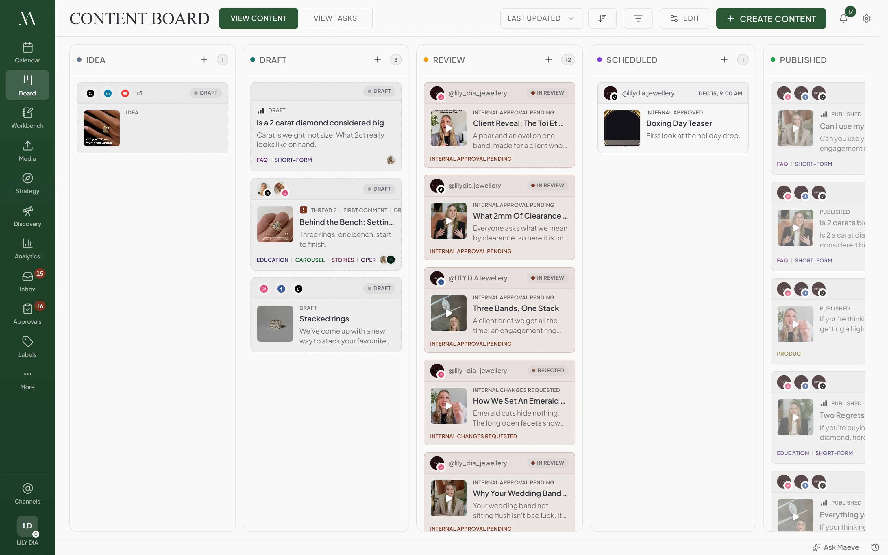 Maeve content board with post cards flowing across Idea, Draft, Review, Scheduled, and Published columns
