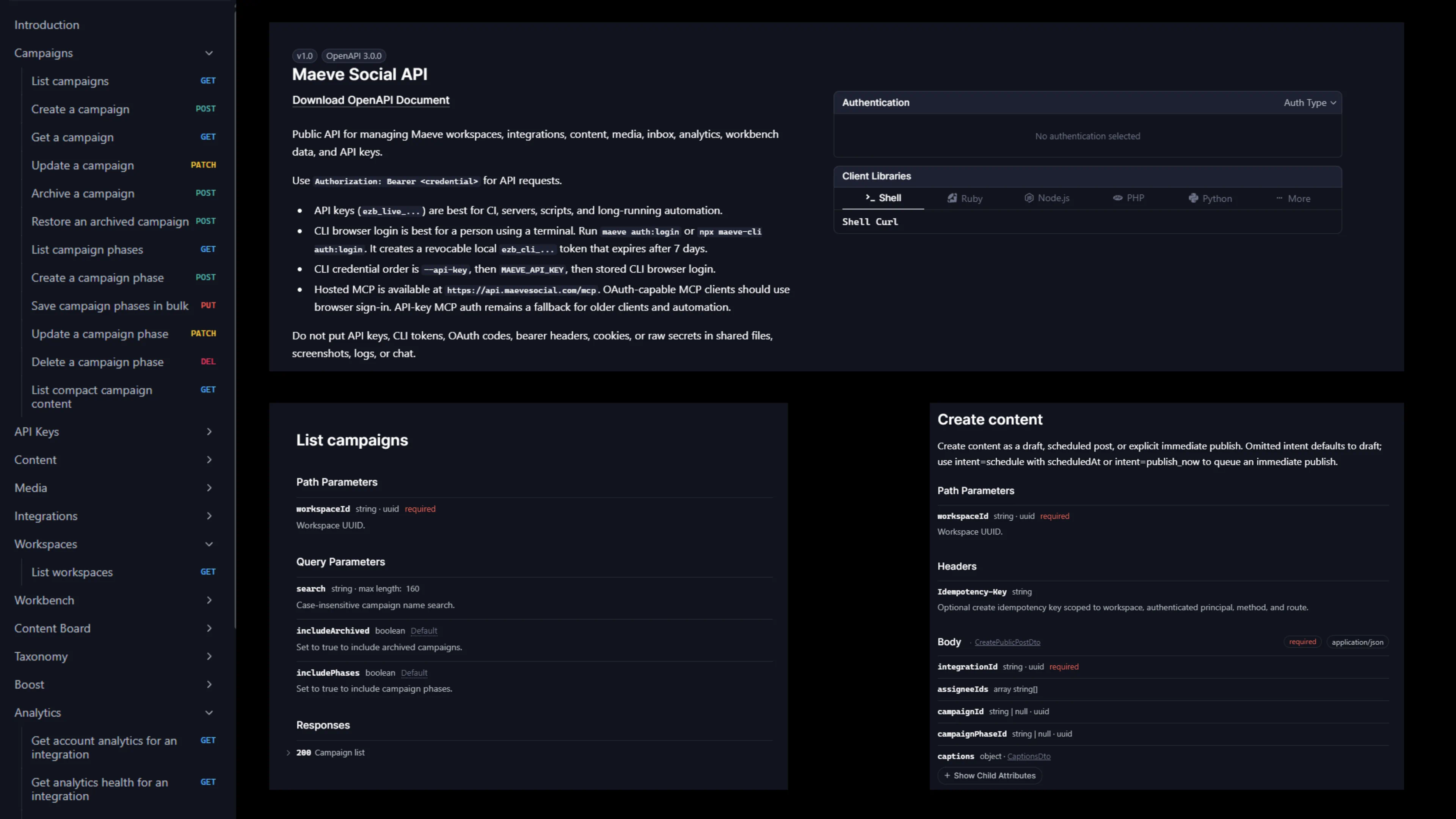 Maeve Social API reference with the endpoint sidebar, the OpenAPI overview, and the create content endpoint listing its parameters