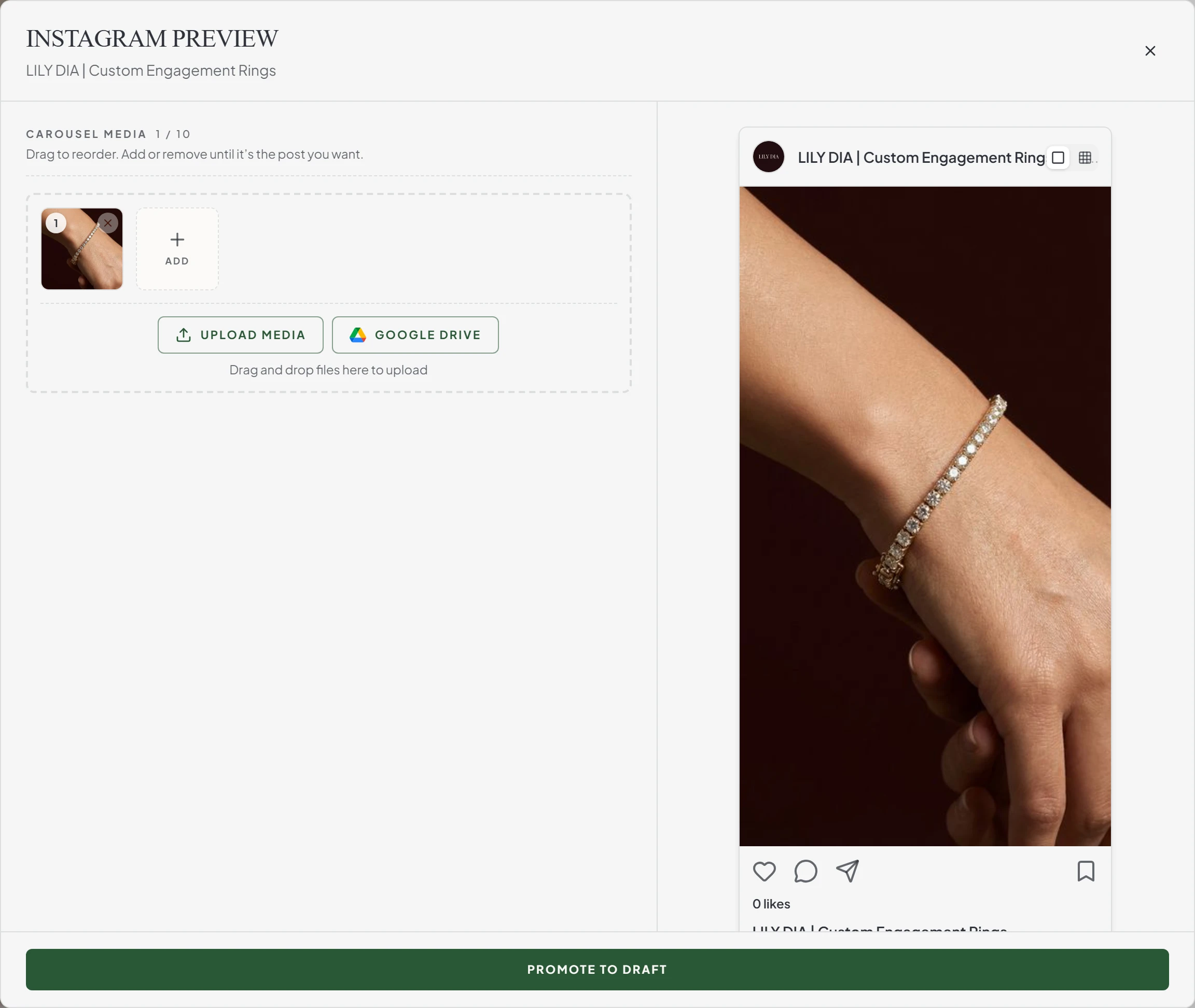 Maeve Instagram Preview modal for a visual mockup, with carousel media slots, upload and Google Drive buttons, an Instagram-style preview of a diamond bracelet, and a promote to draft button