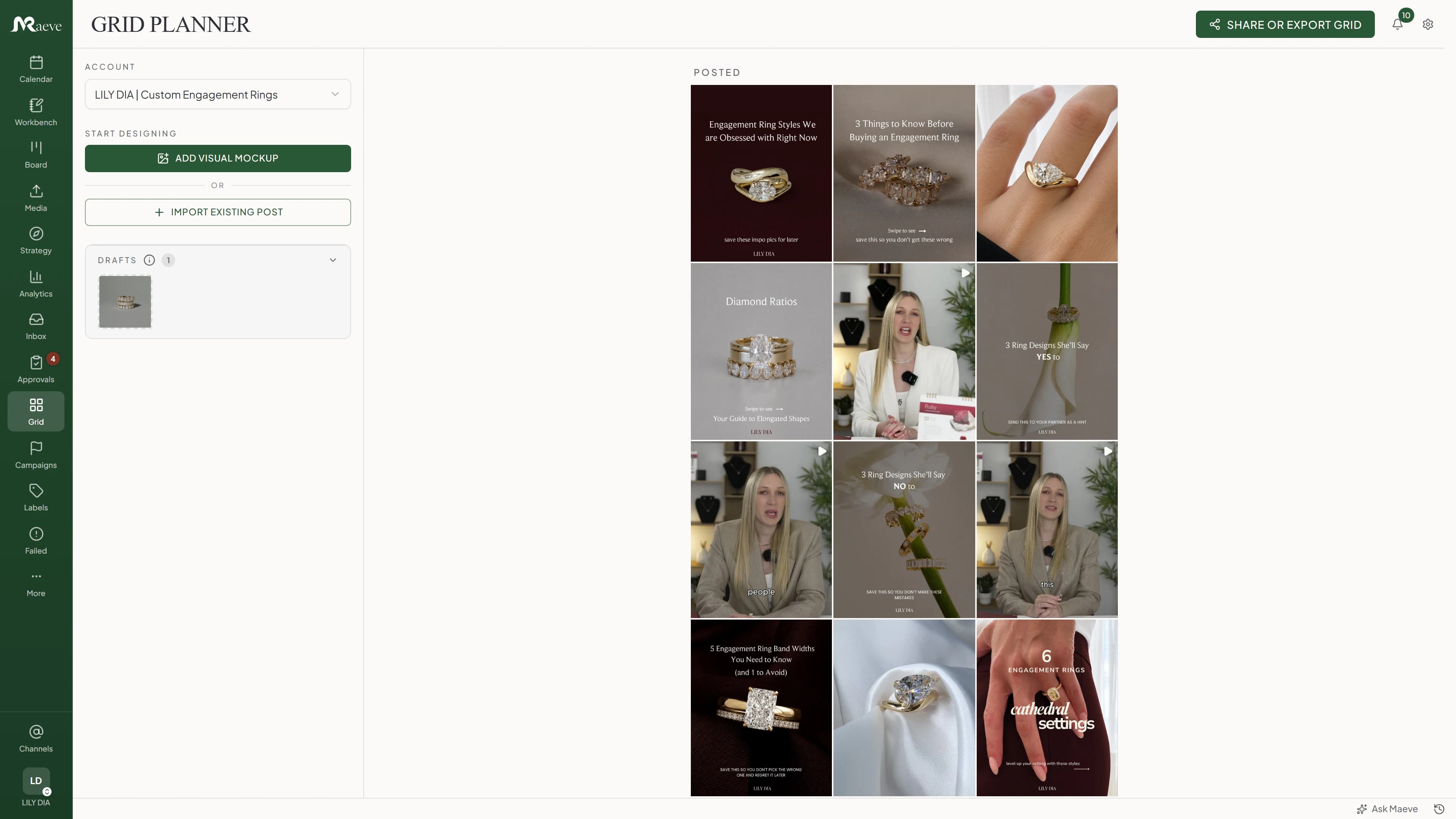 Maeve Grid Planner posted section showing the last published Instagram posts for a jewelry brand in a 3-column grid, including Reels with play icons and carousel covers