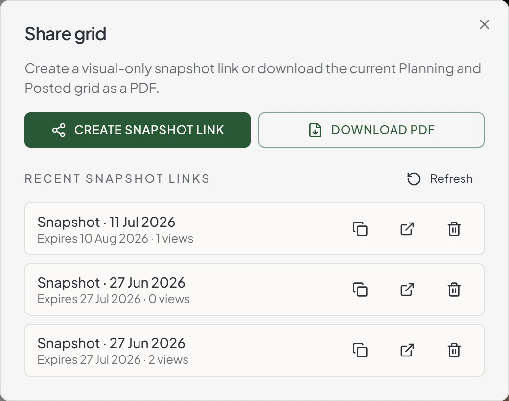 Maeve share grid dialog with buttons to create a snapshot link or download a PDF, and a list of recent snapshot links showing expiry dates and view counts