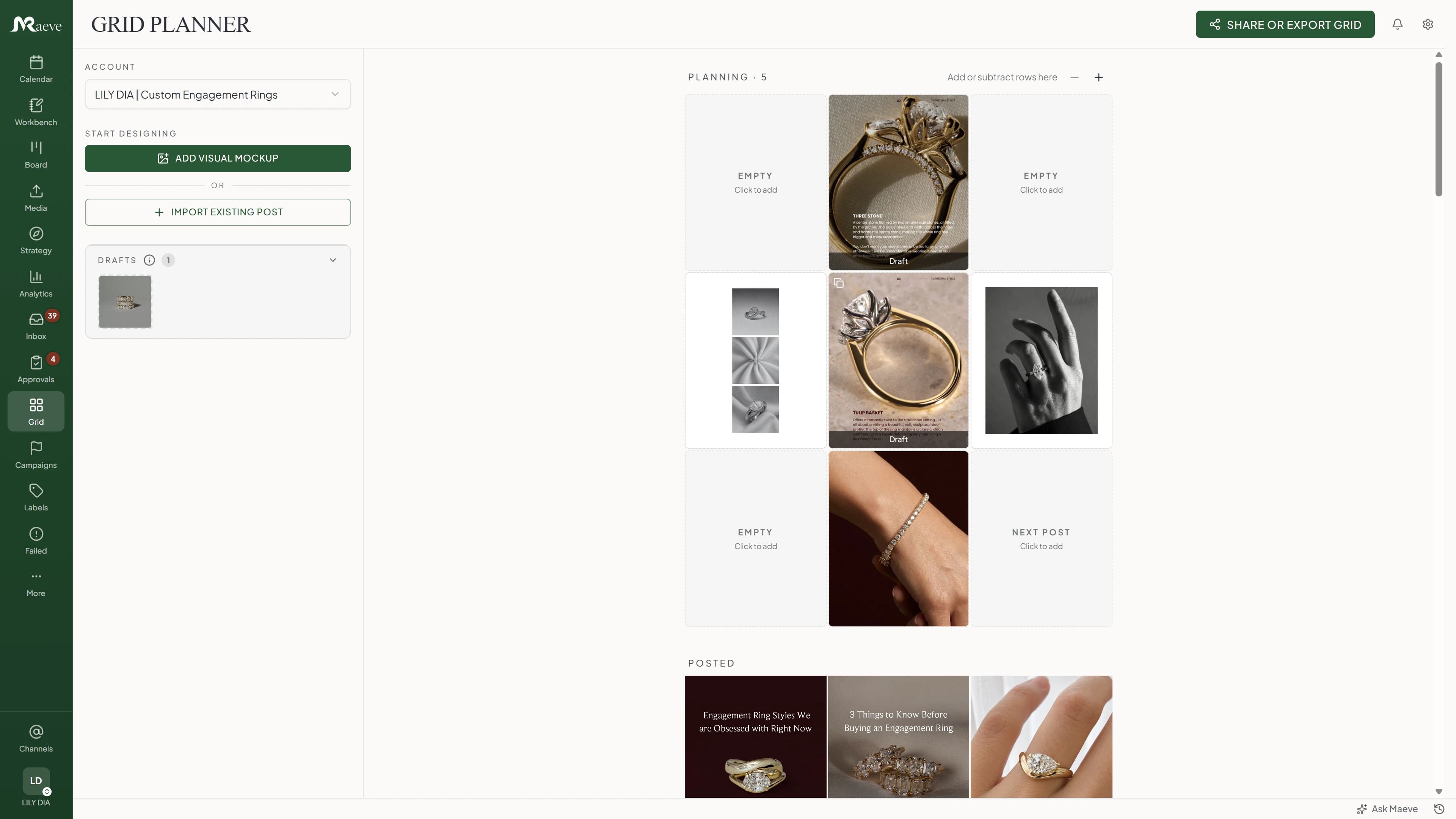 Maeve Instagram grid planner with drafts and posted tiles laid out in the three-wide feed