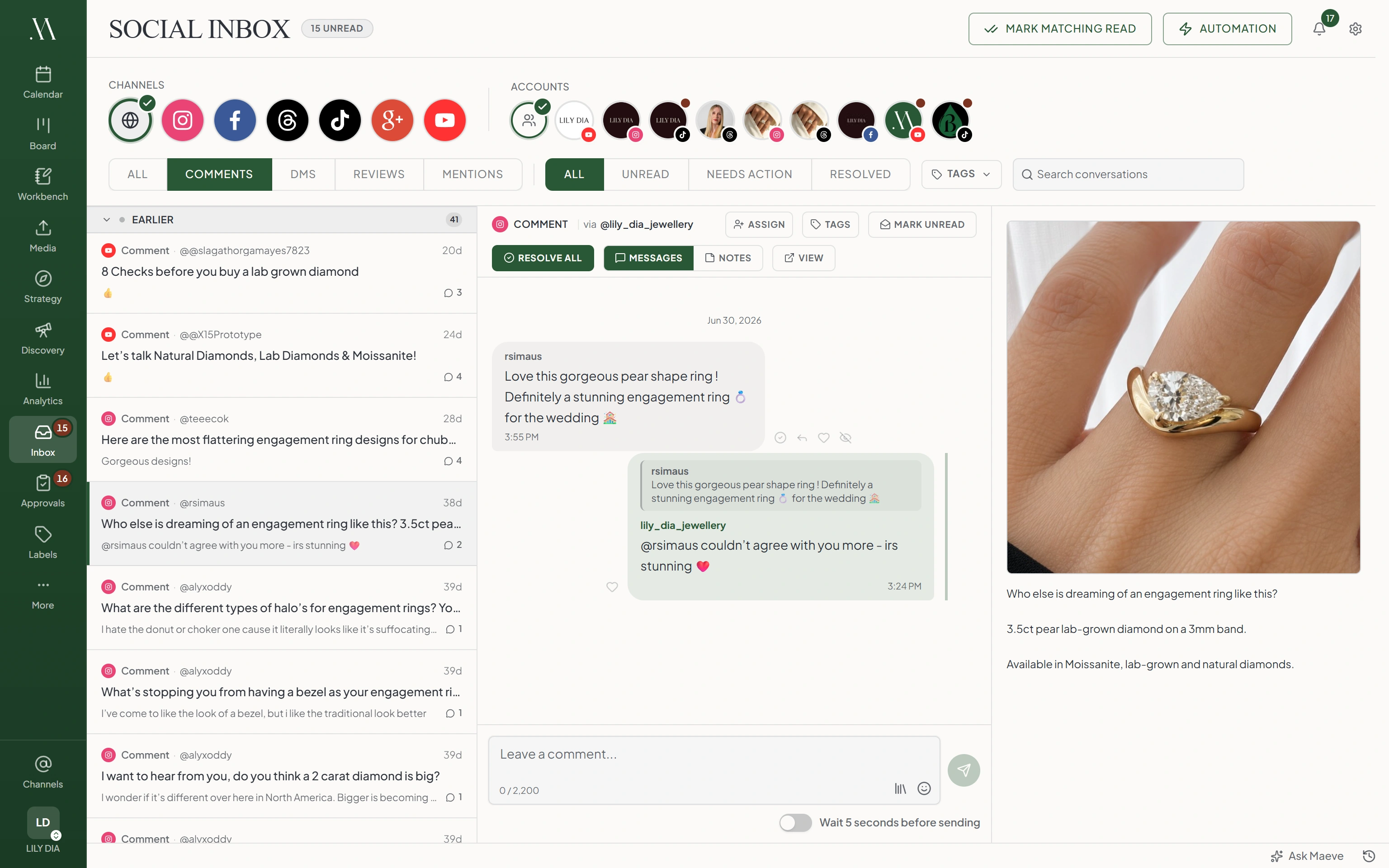 Maeve social inbox with a queue of comments, an open conversation with the brand's reply, and the related post preview