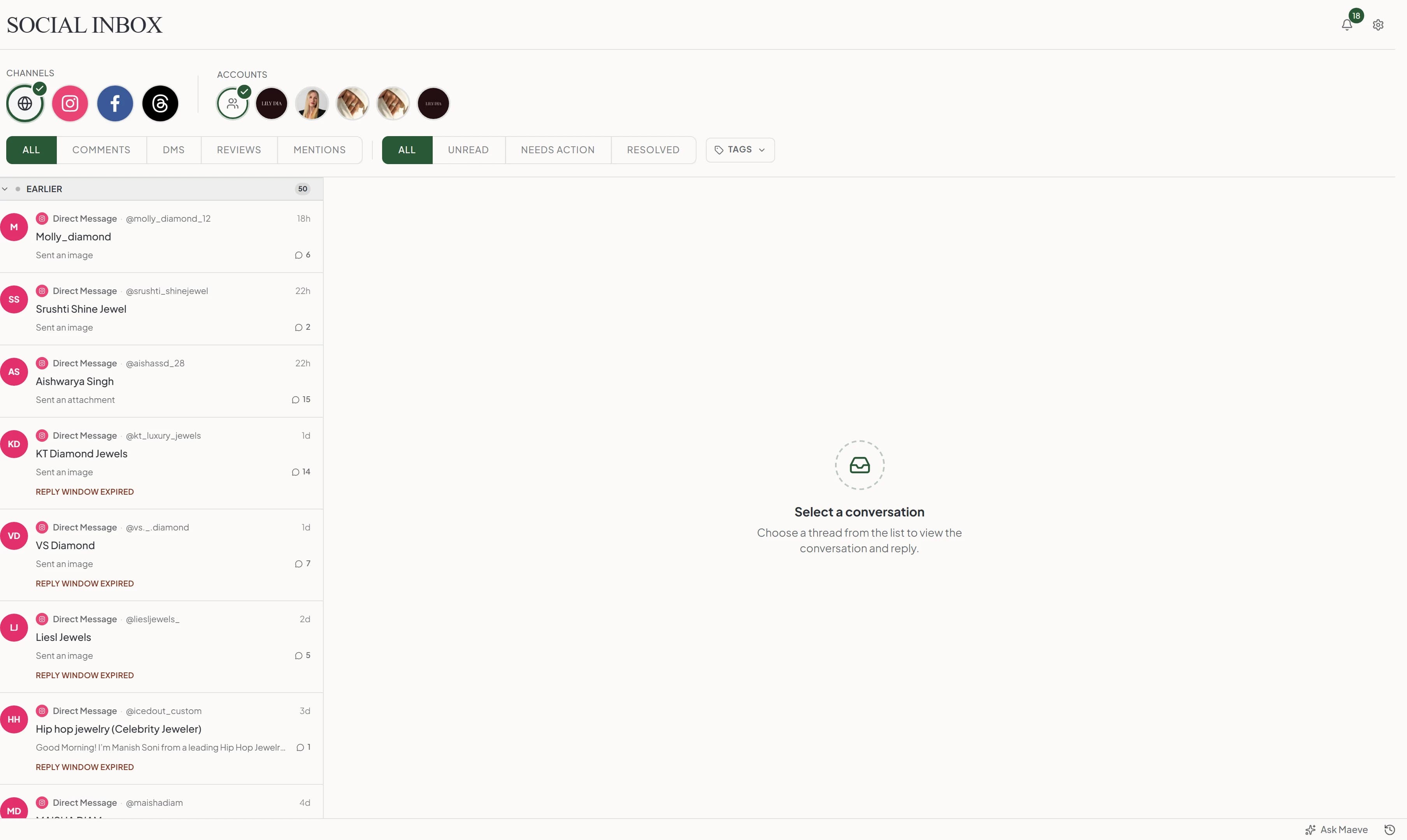 Maeve Social Inbox with Instagram, Facebook, and Threads channel filters, tabs for comments and direct messages, status filters, and a list of customer conversations