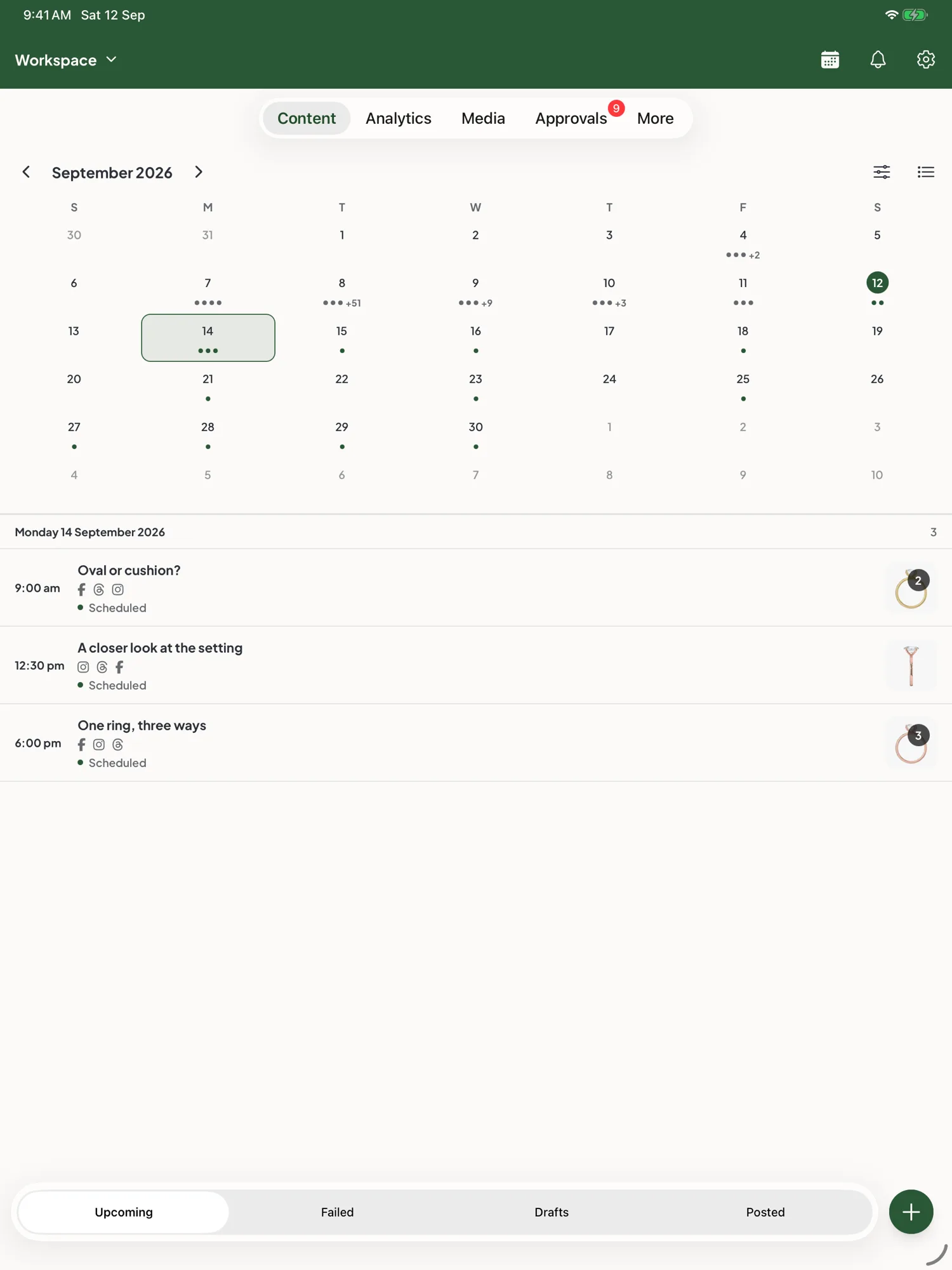 The Maeve Social iPad app showing the month calendar with navigation across the top