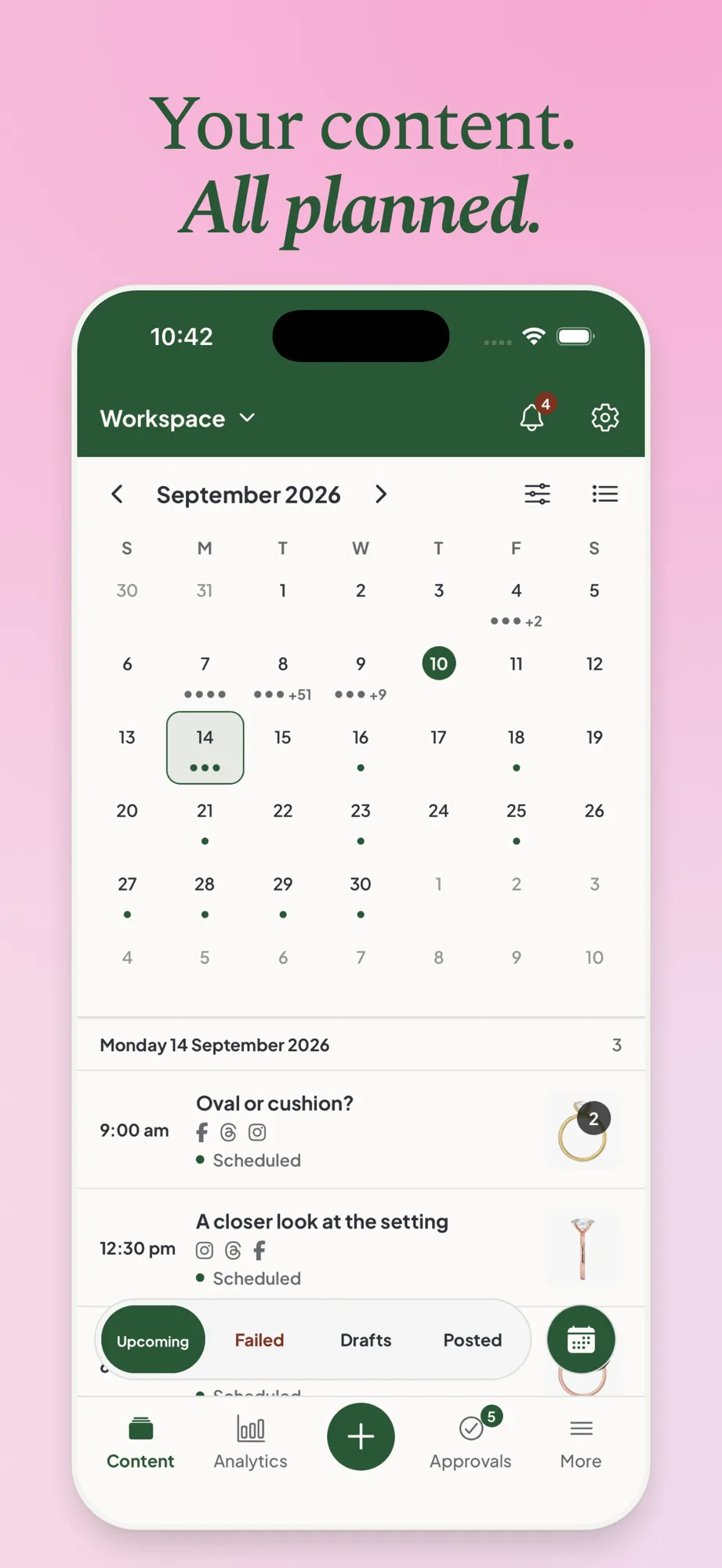 The Maeve Social iPhone app showing a month calendar with the posts scheduled for the selected day