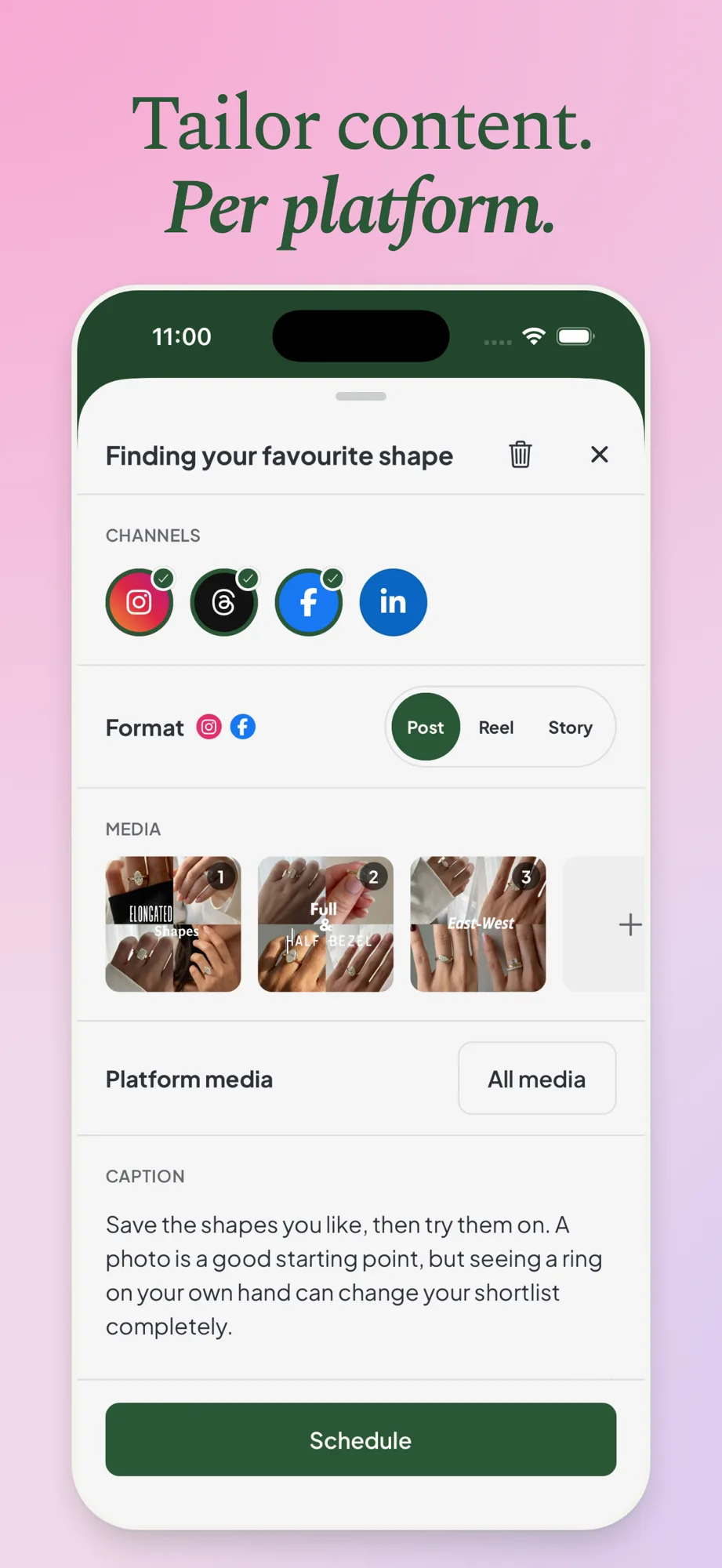 Creating a post in the Maeve Social iPhone app with Instagram, Threads and Facebook selected, three images and a caption