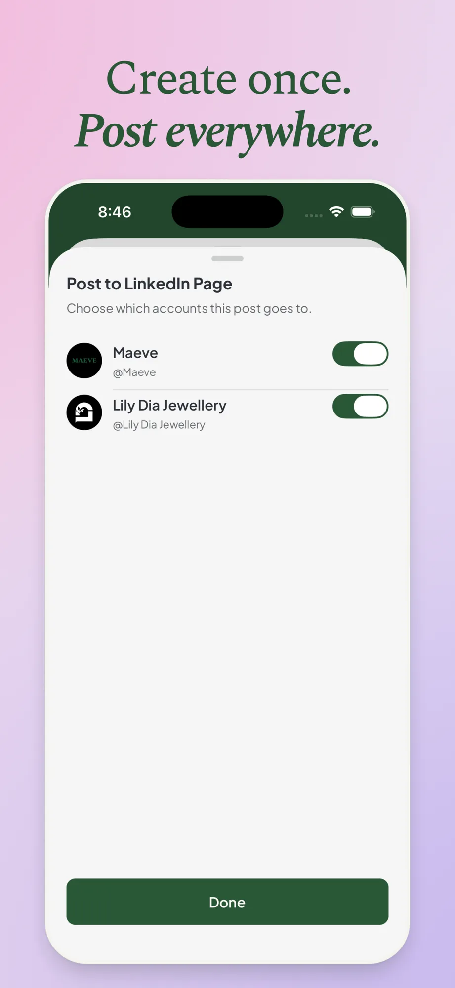 Choosing which LinkedIn Page accounts a post goes to in the Maeve Social iPhone app
