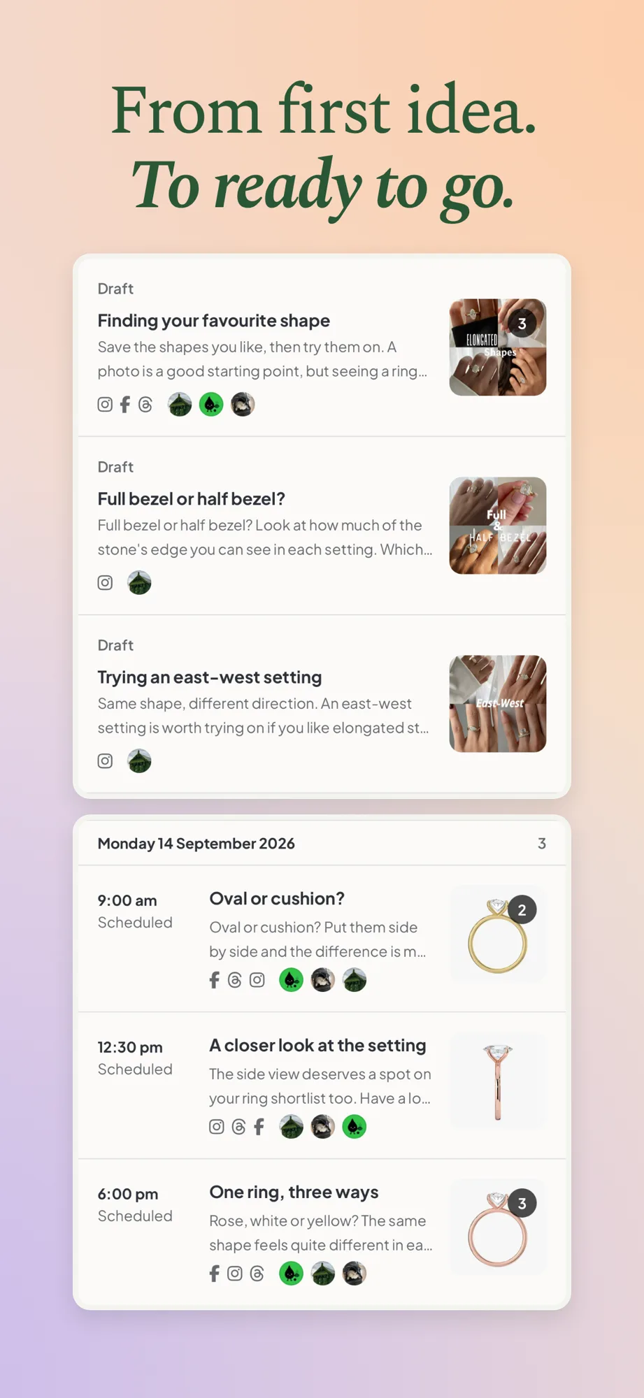Drafts and the day's scheduled posts listed in the Maeve Social iPhone app