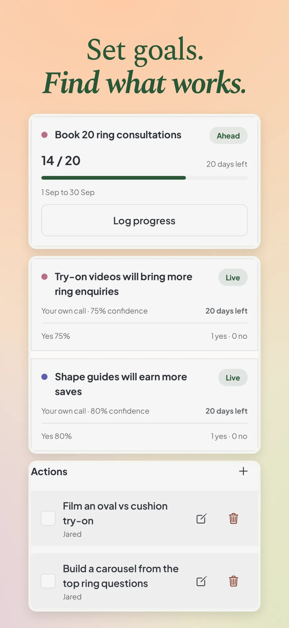 A goal with its progress, two live bets and an action list in the Maeve Social iPhone app