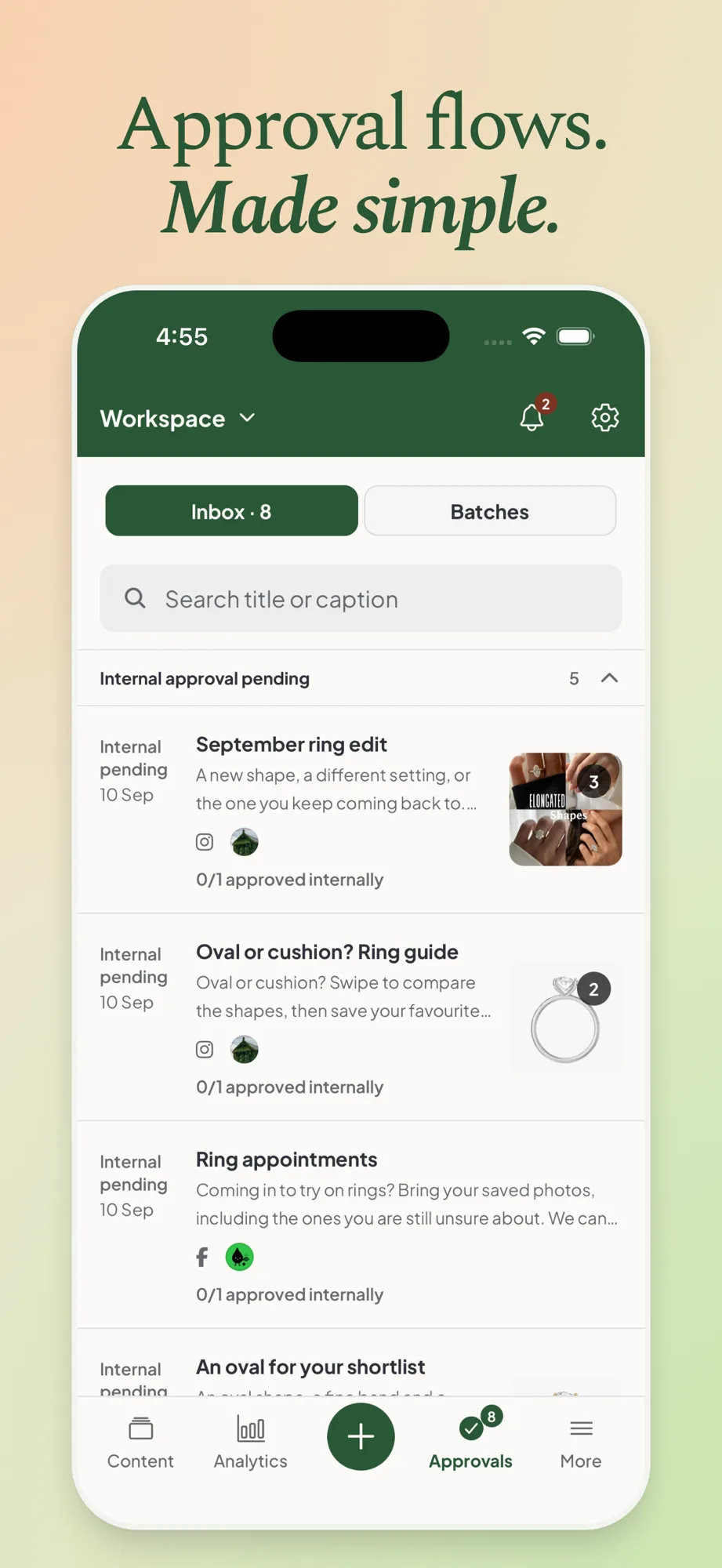 The approvals tab in the Maeve Social iPhone app listing posts waiting on internal approval
