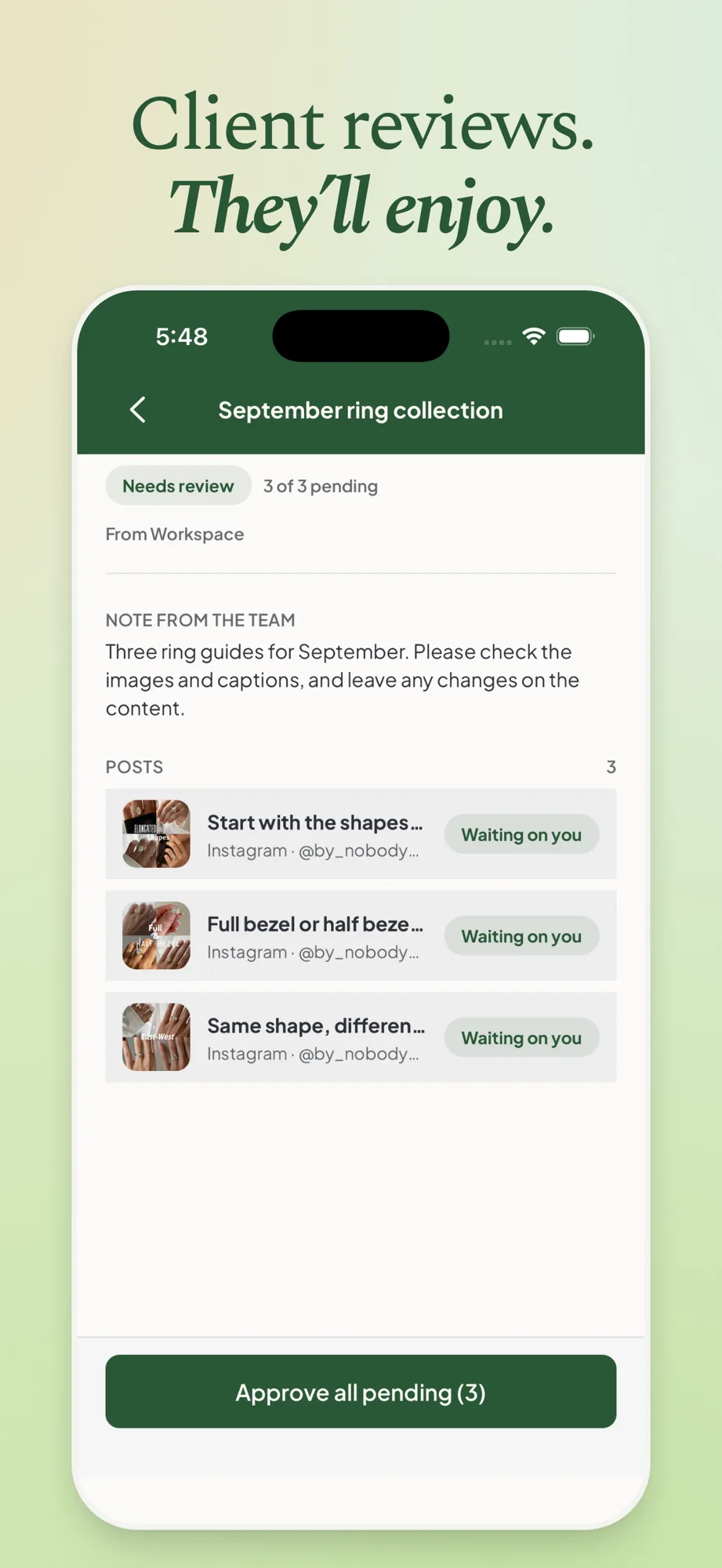 A client review batch with three posts waiting on approval in the Maeve Social iPhone app