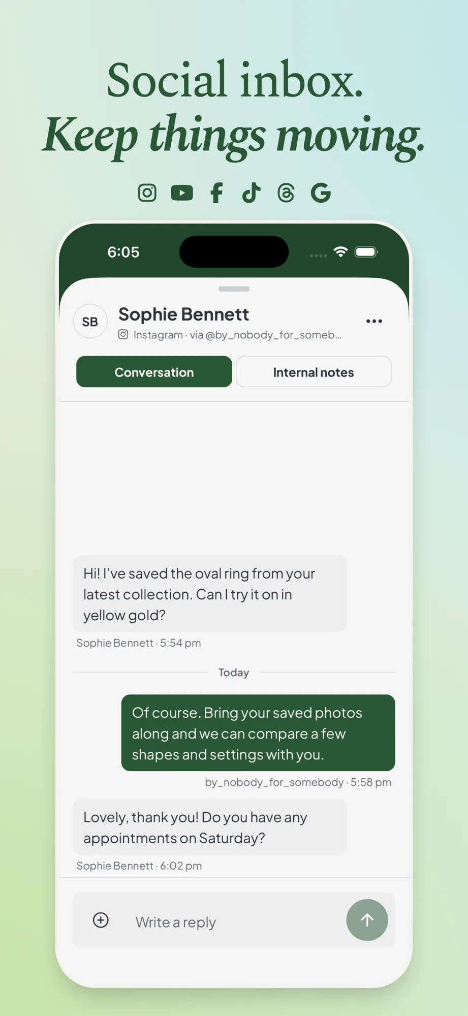 An Instagram direct message conversation open in the Maeve Social iPhone app inbox