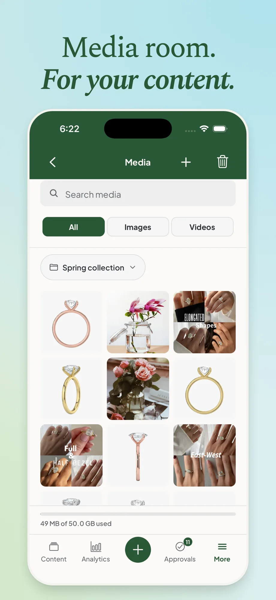 A Media Room folder of images and videos in the Maeve Social iPhone app