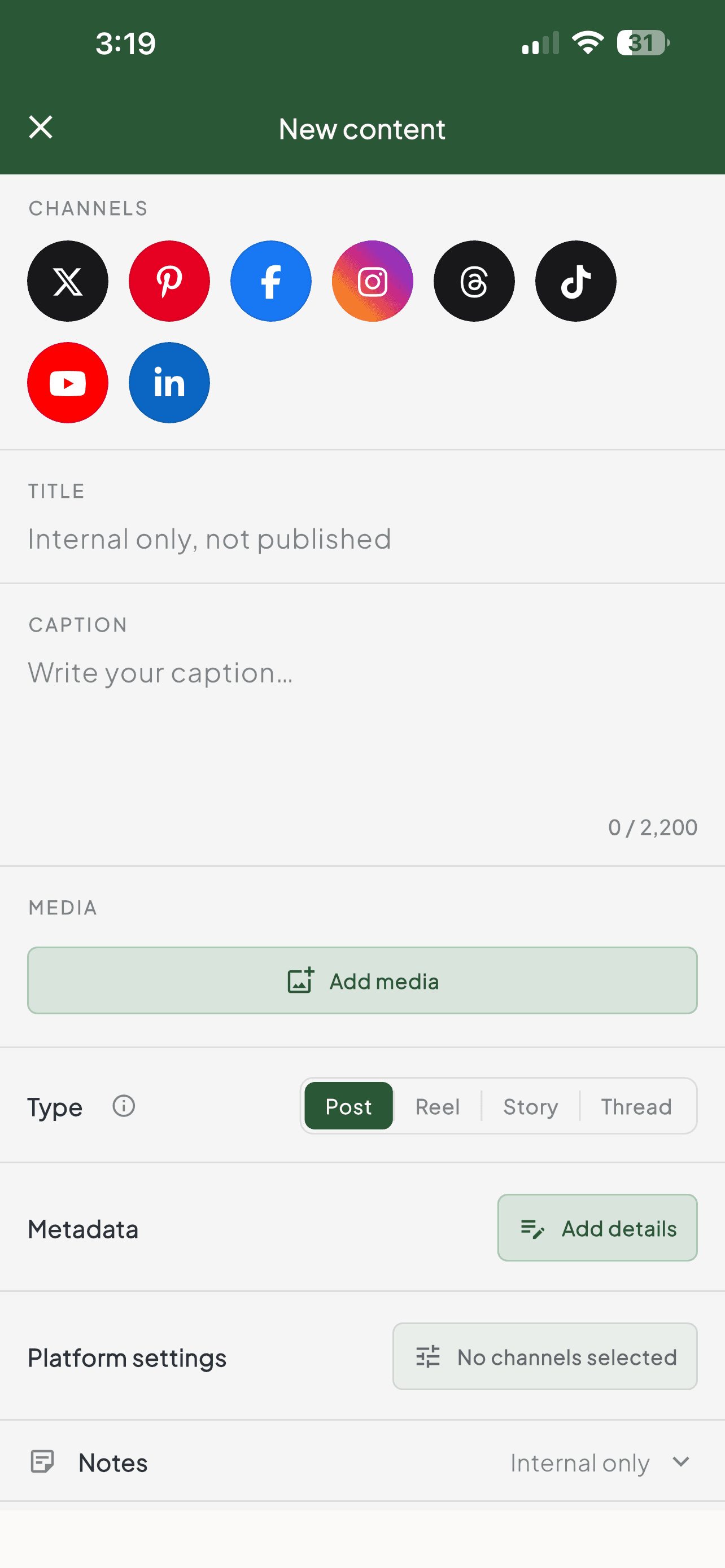 Maeve mobile app composer with channel picker, caption field, media, and post type controls