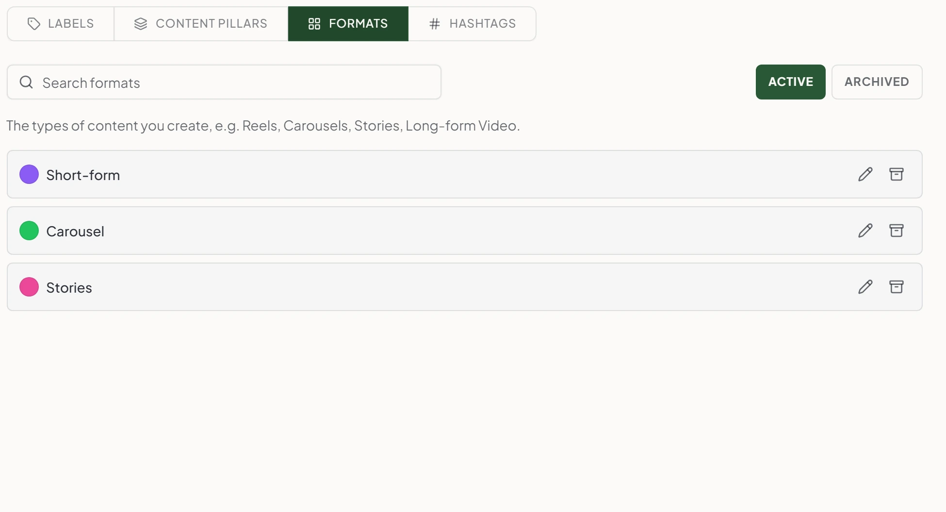 Maeve formats list with short-form, carousel, and stories, each with a color dot, and the note that formats are the types of content you create