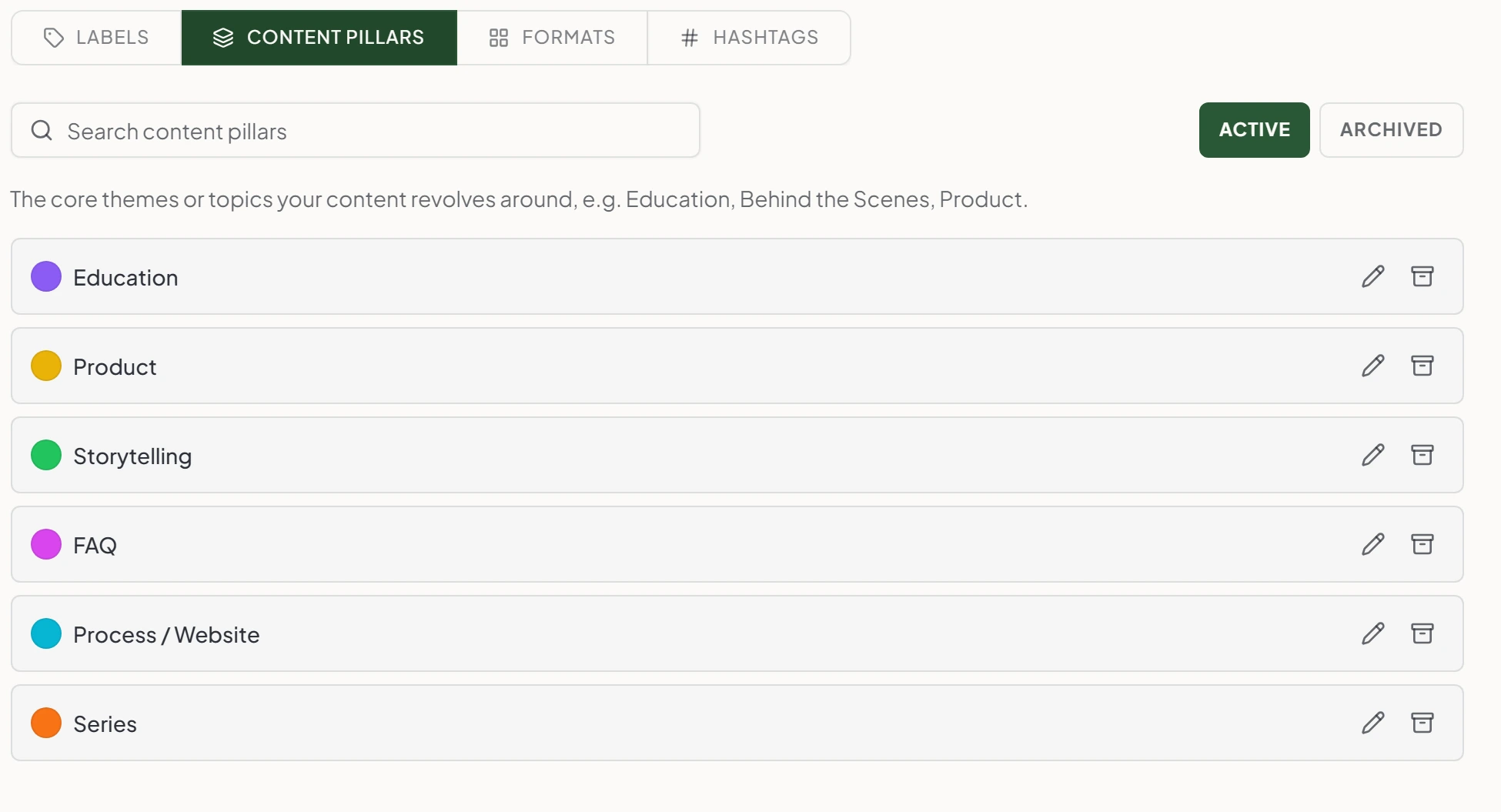 The content pillars list in Maeve with Education, Product, Storytelling, FAQ, Process and Series, each with a colour dot beside it