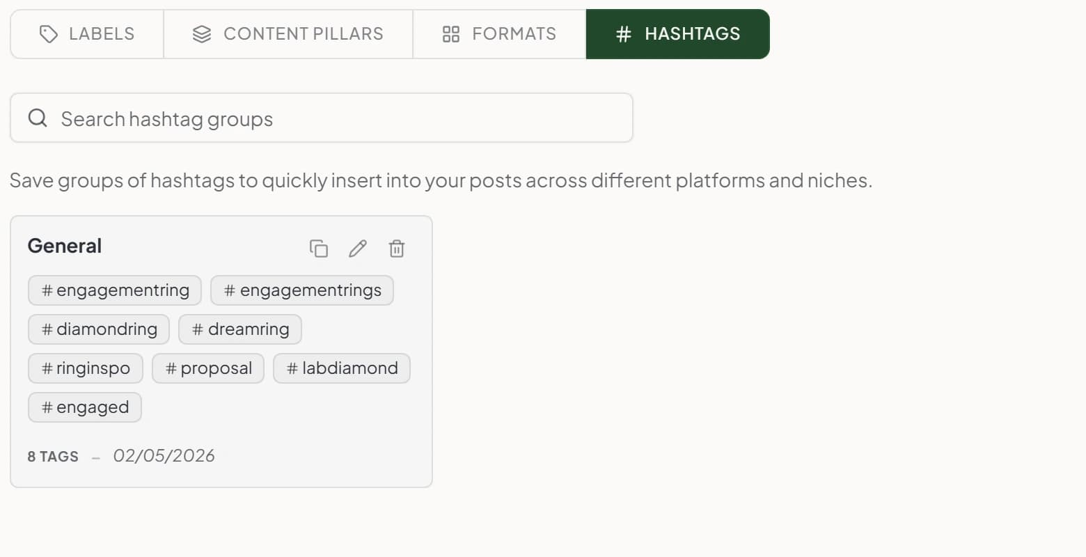 Maeve hashtag groups view with a saved group of engagement ring hashtags, showing the tag count and buttons to copy, edit, or delete the group