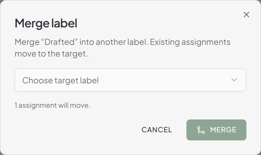 Maeve merge label dialog, folding one label into another, with a target picker and a note that one assignment will move