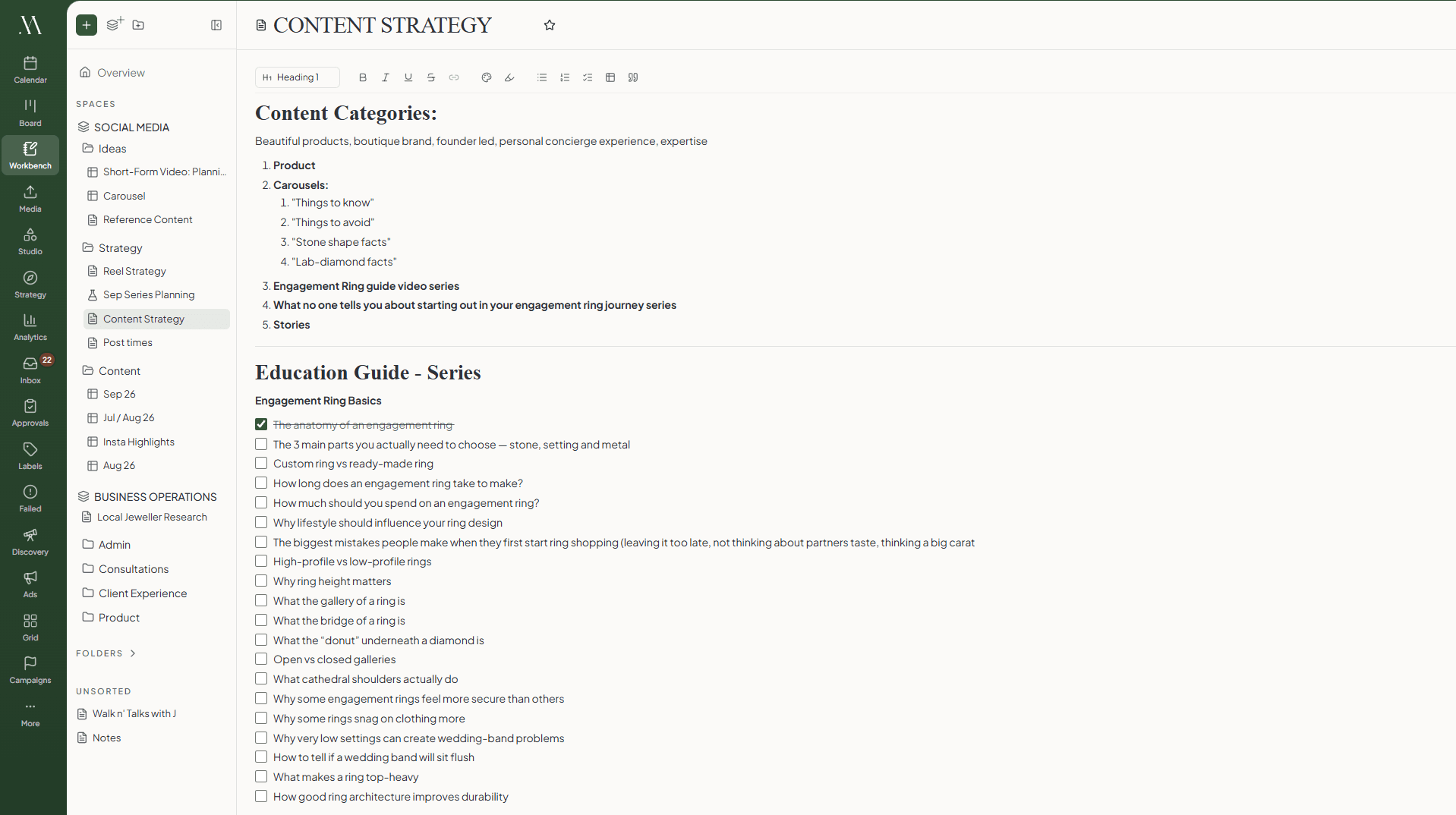 A Maeve doc called Content Strategy with a formatting toolbar, headings, a numbered list of content categories, and a checklist of episode ideas with the first one ticked off